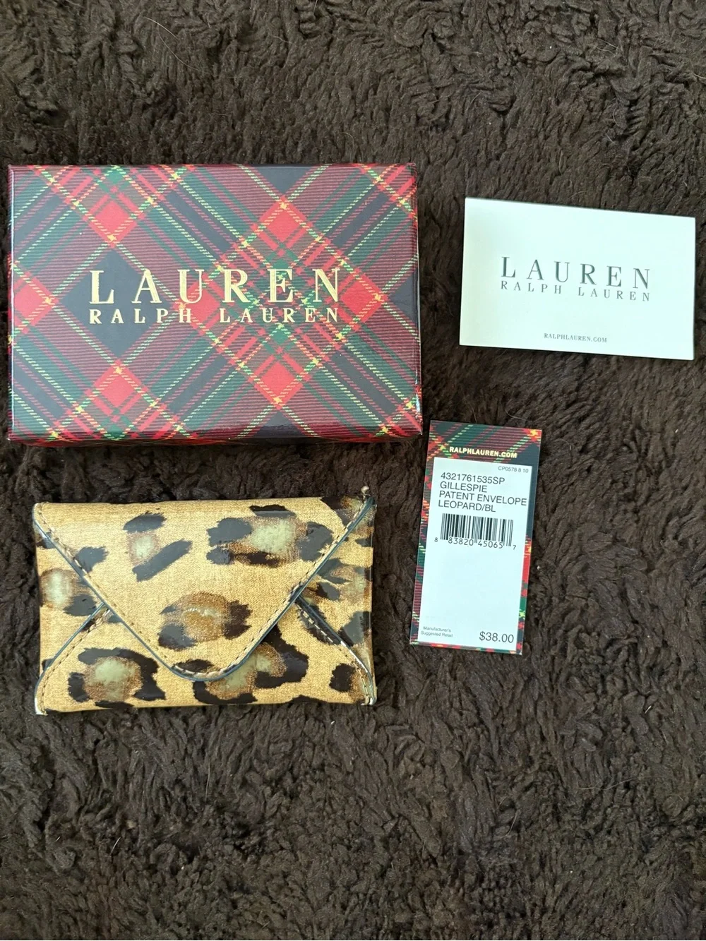 Ralph Lauren patent Leather Leopard Print Envelope Clutch Wallet - Brown